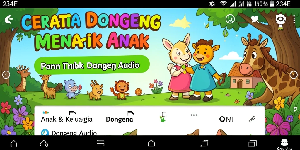 Screenshot aplikasi 234E menunjukkan antarmuka ramah pengguna untuk Dongeng Audio.