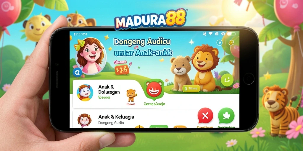 Antarmuka aplikasi MADURA88 menampilkan pilihan dongeng audio yang menarik.