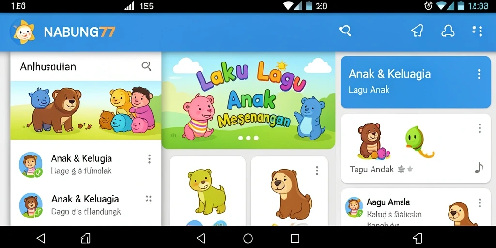 Tampilan antarmuka NABUNG77 dengan lagu anak yang ceria.